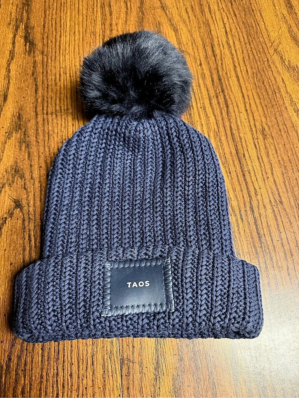 TAOS Ribbed Knit Faux Fur Pom Beanie Hat - Navy Blue